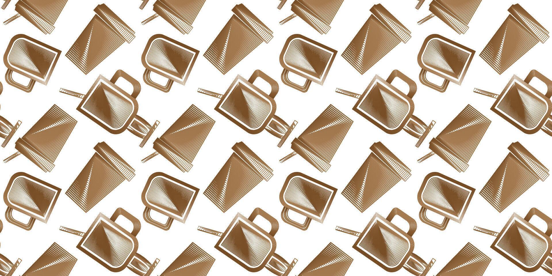 seamless pattern of paper coffee cups and glass cups in linear style modern drinks beige color mocha mousse, icons, web design vector