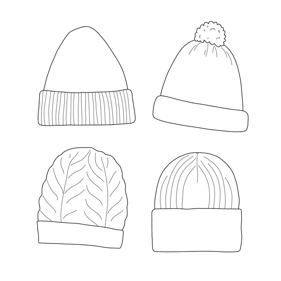 Set of four hats in a minimalist style. Various options for knitted hats with ribbed details, braids and pom-poms. Knitting, handmade, hobby. vector