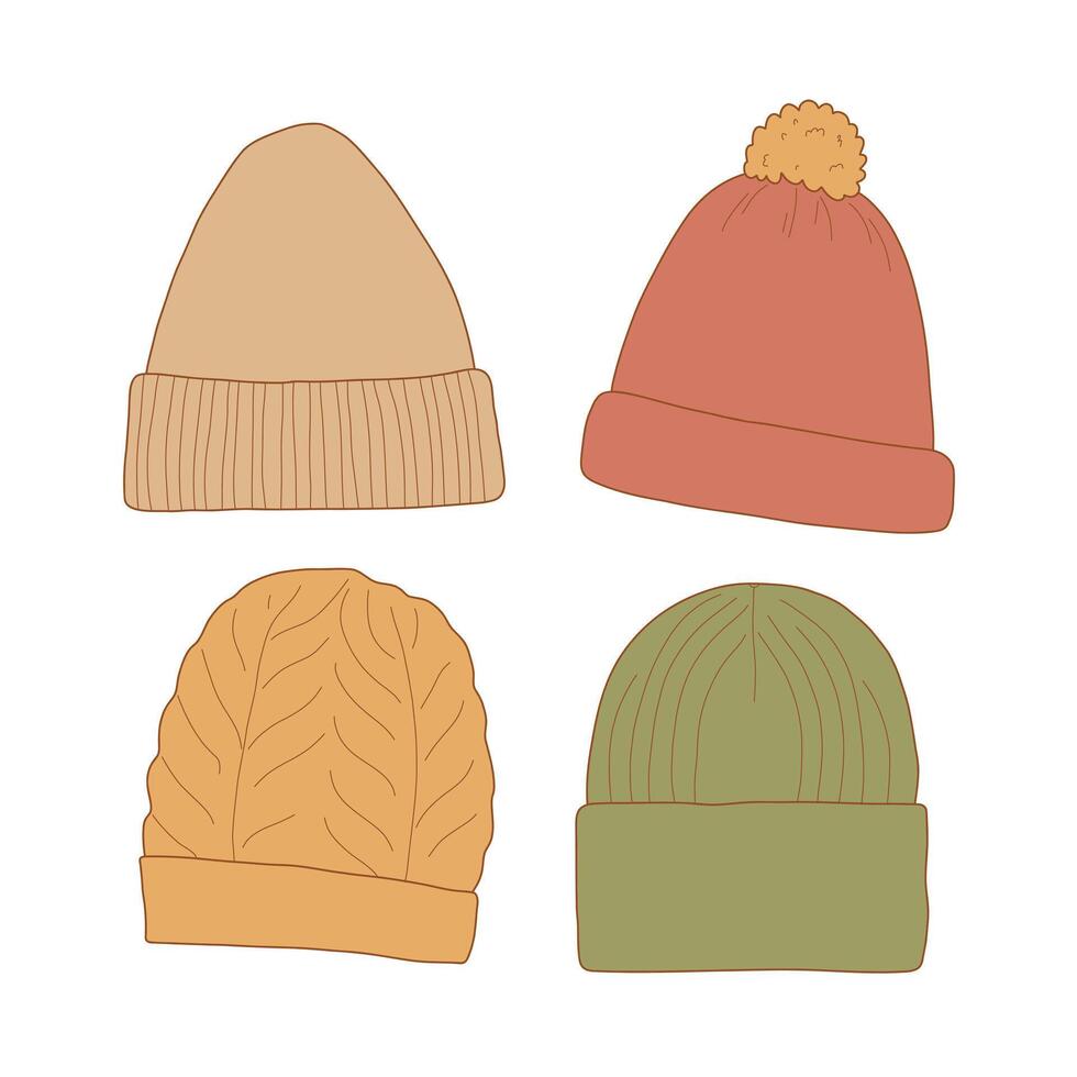 A set of four colored hats in a minimalist style. Various options for knitted hats with ribbed details, braids and pom-poms. Ideal for coloring books, prints, fashion sketches. vector