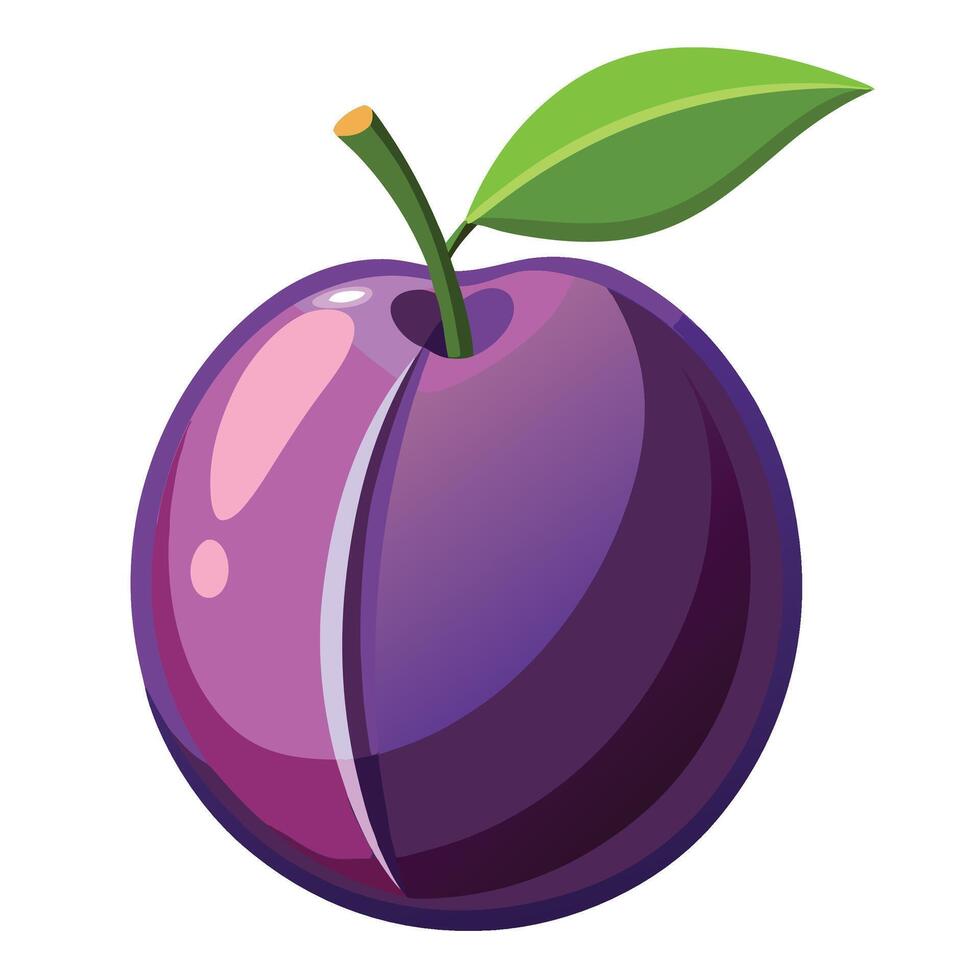 a purple plum fruit with a green leaf , vector