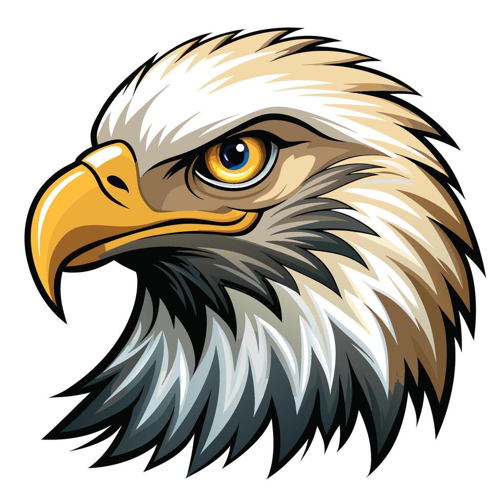 an eagle head with a big beak and yellow eyes white background vector