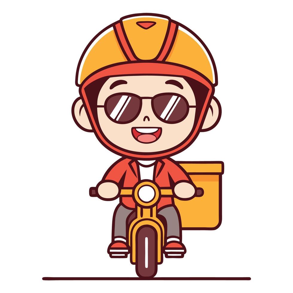 a cartoon boy riding a motorcycle with a box white background vector