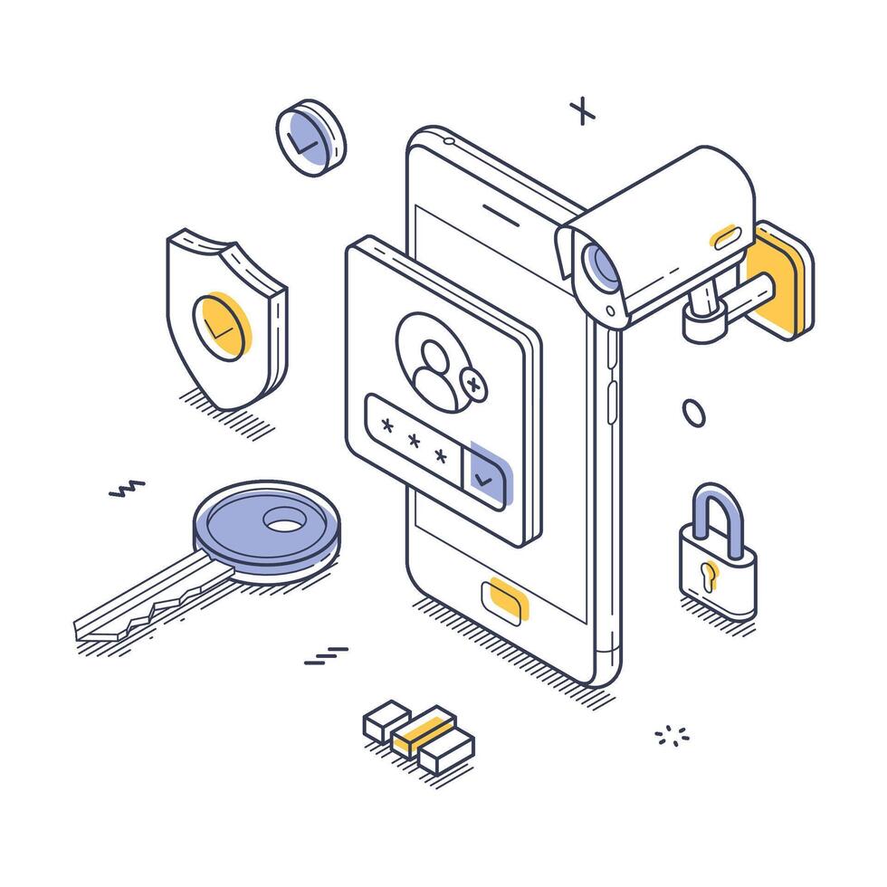 Digital security concept with smartphone, camera, and keys isometric line art illustration vector