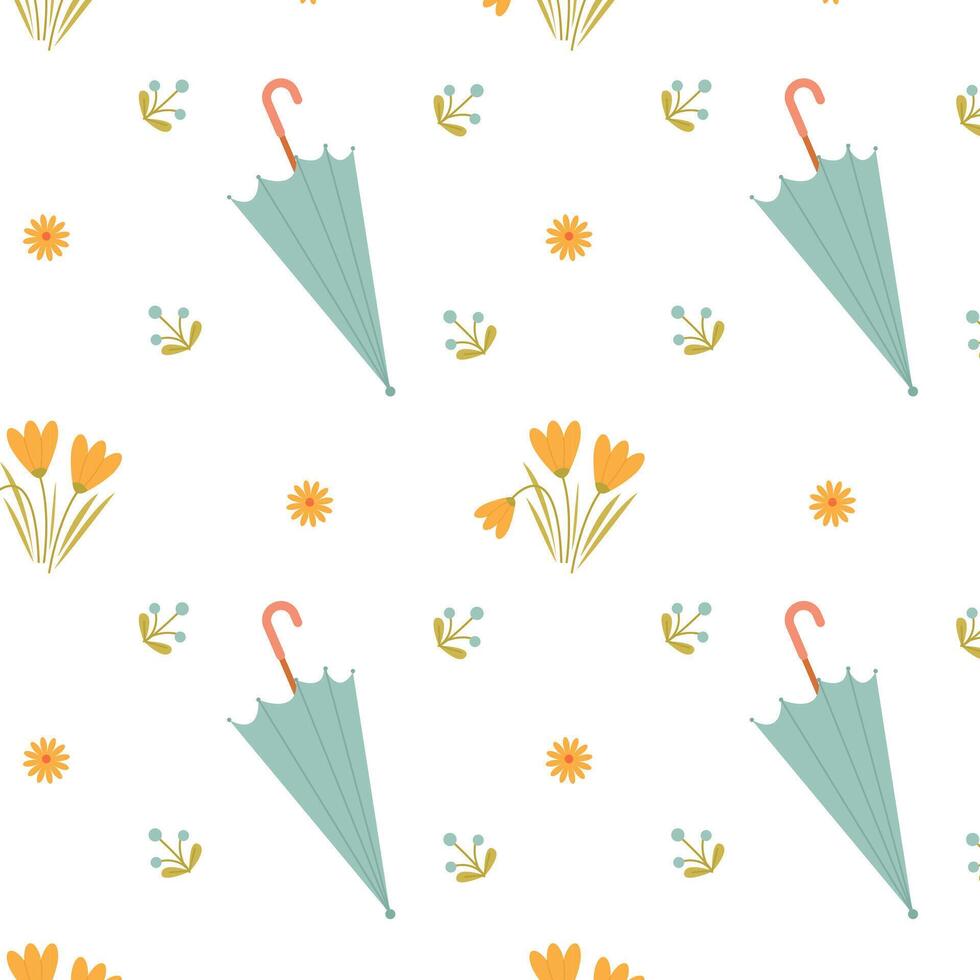Cute pattern with a folded blue umbrella and spring flowers on a white background vector