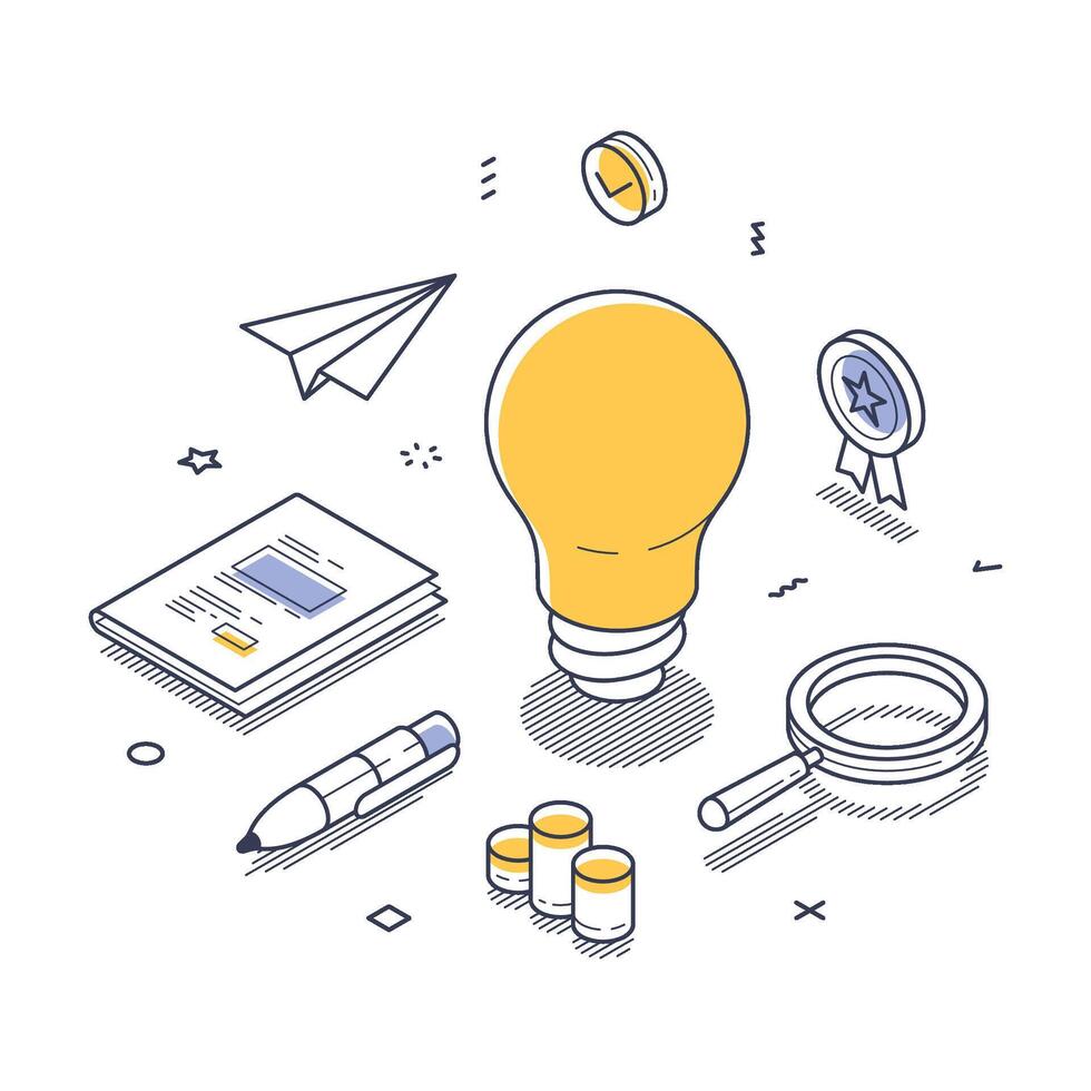 Creative ideas and innovation represented through isometric line art illustration with various symbolic elements vector