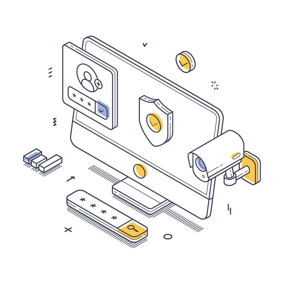 Illustration of a secure digital environment featuring a computer, surveillance camera, and login elements vector