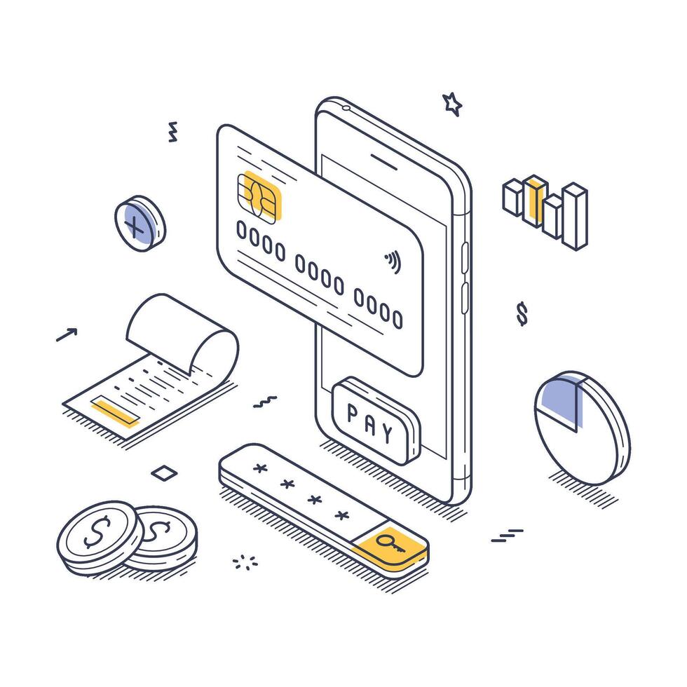 Modern mobile payment system illustrated in isometric line art design showcasing digital transactions and financial technology vector
