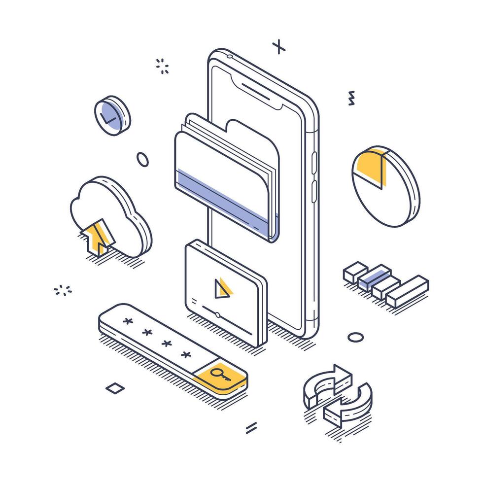 Isometric line art illustration of mobile cloud storage with various digital elements and icons vector