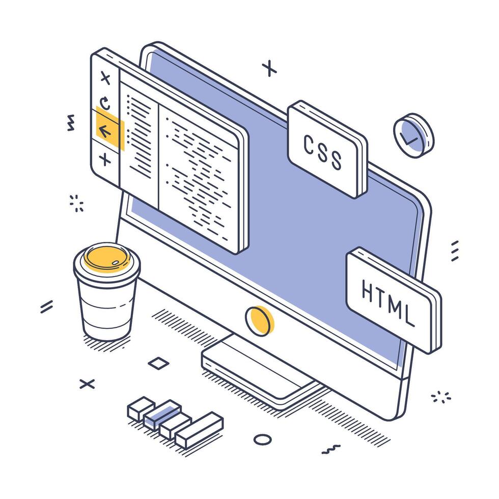 Coding programming with a computer and design elements for web development isometric line art vector