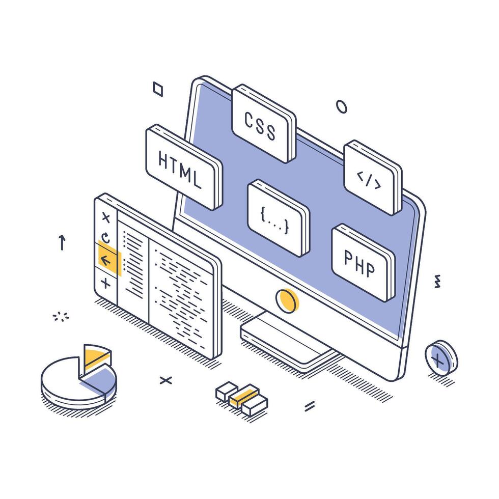 web desarrollo herramientas y elementos en un digital espacio de trabajo ambiente isométrica línea Arte vector