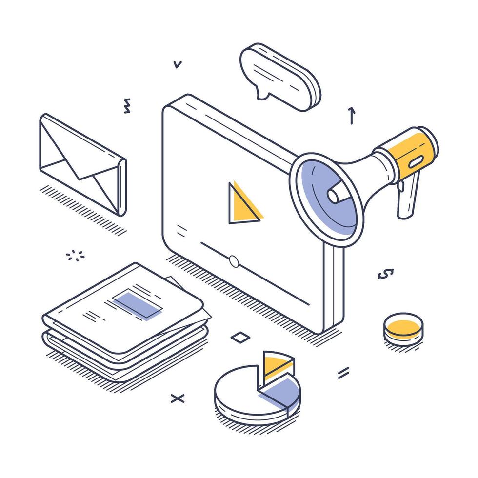 Digital marketing tools and elements in a creative design layout isometric line art vector