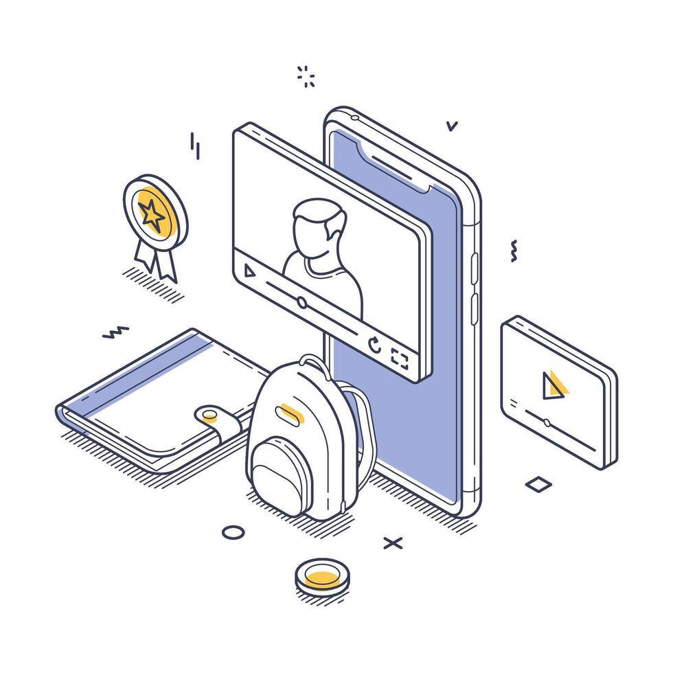 Online education and digital learning tools in a modern setting isometric line art vector