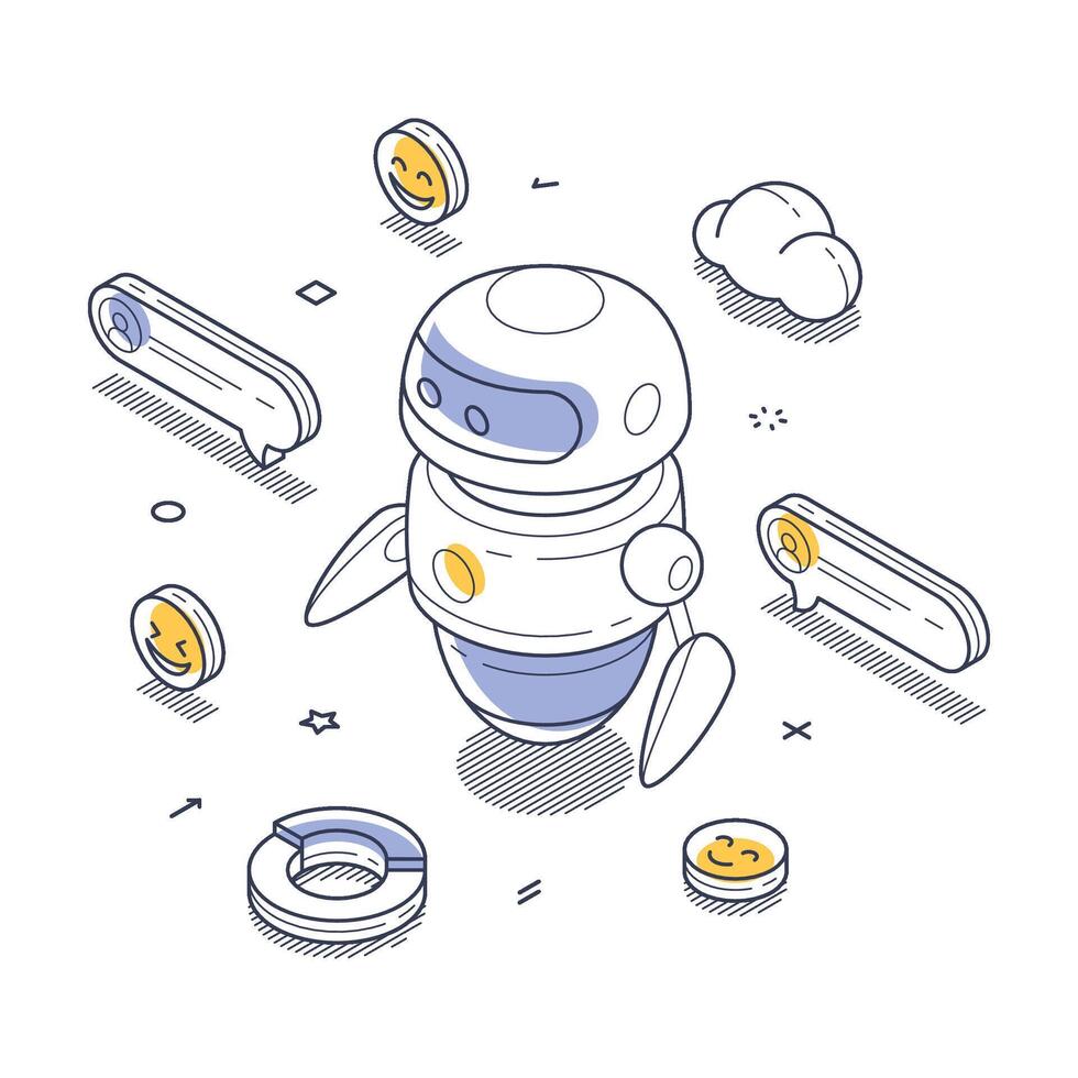 AI chat bot interacting within a digital environment featuring engaging design elements isometric line art vector