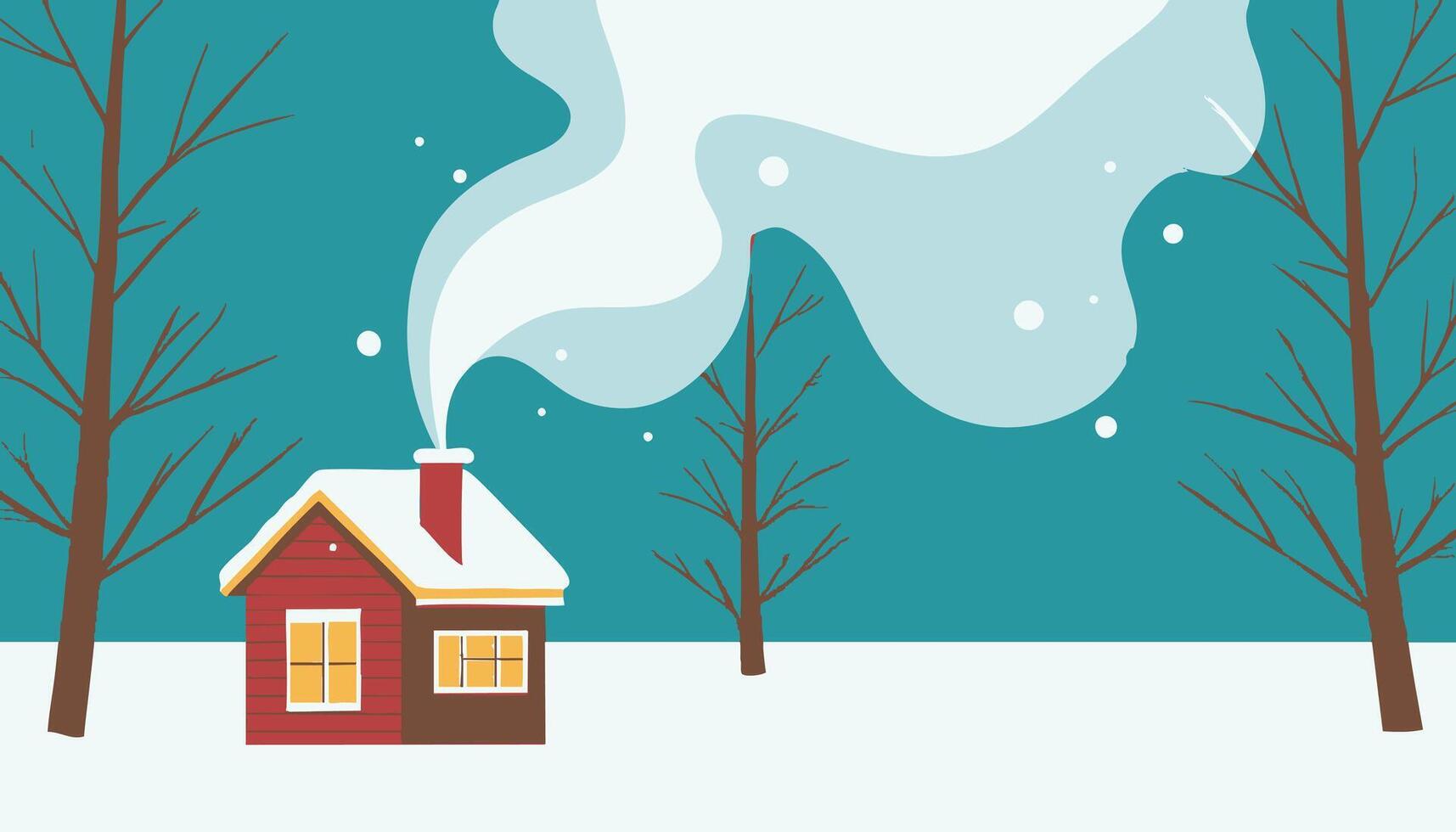cozy cabin with smoke coming from the chimney in snowy woods vector