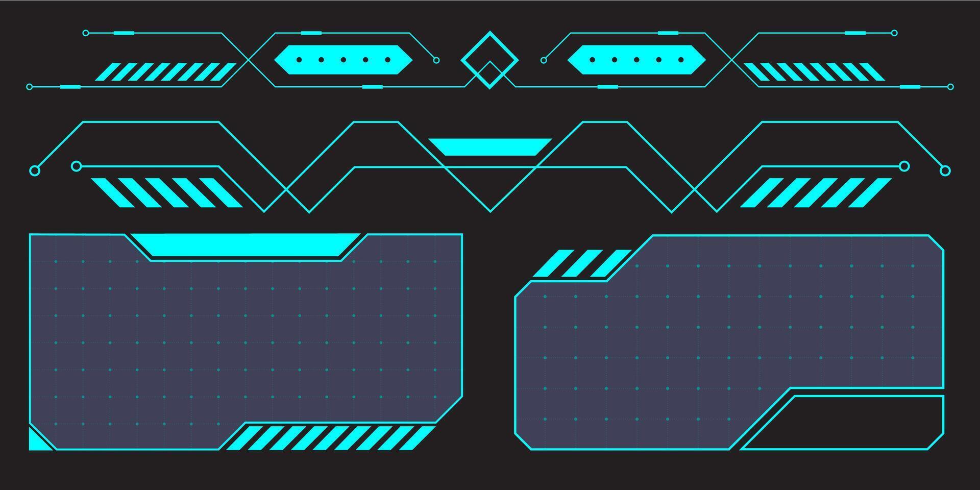 HUD digital futuristic user interface horizontal frame. Sci Fi high tech screen. Cyberpunk game menu touching monitoring hologram dashboard panel. Cyberspace head-up display information border vector