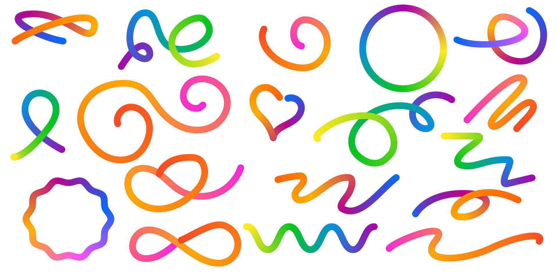 Abstract Color Rainbow Gradient Shapes Set. Graphic with Wavy Lines in Bright Colors. Colorful Fluid Wave Pattern. Squiggly Design Elements. vector