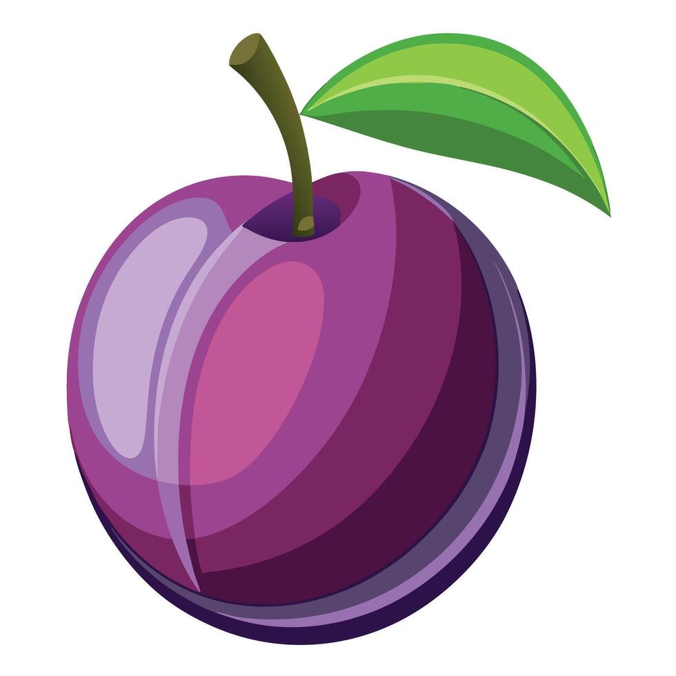 a purple plum fruit with a green leaf it vector