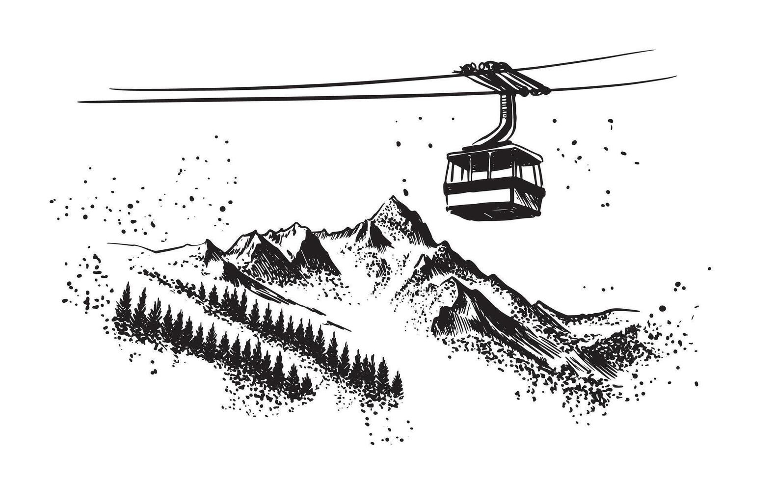 Ski lift in the mountains black on white, hand drawn. vector