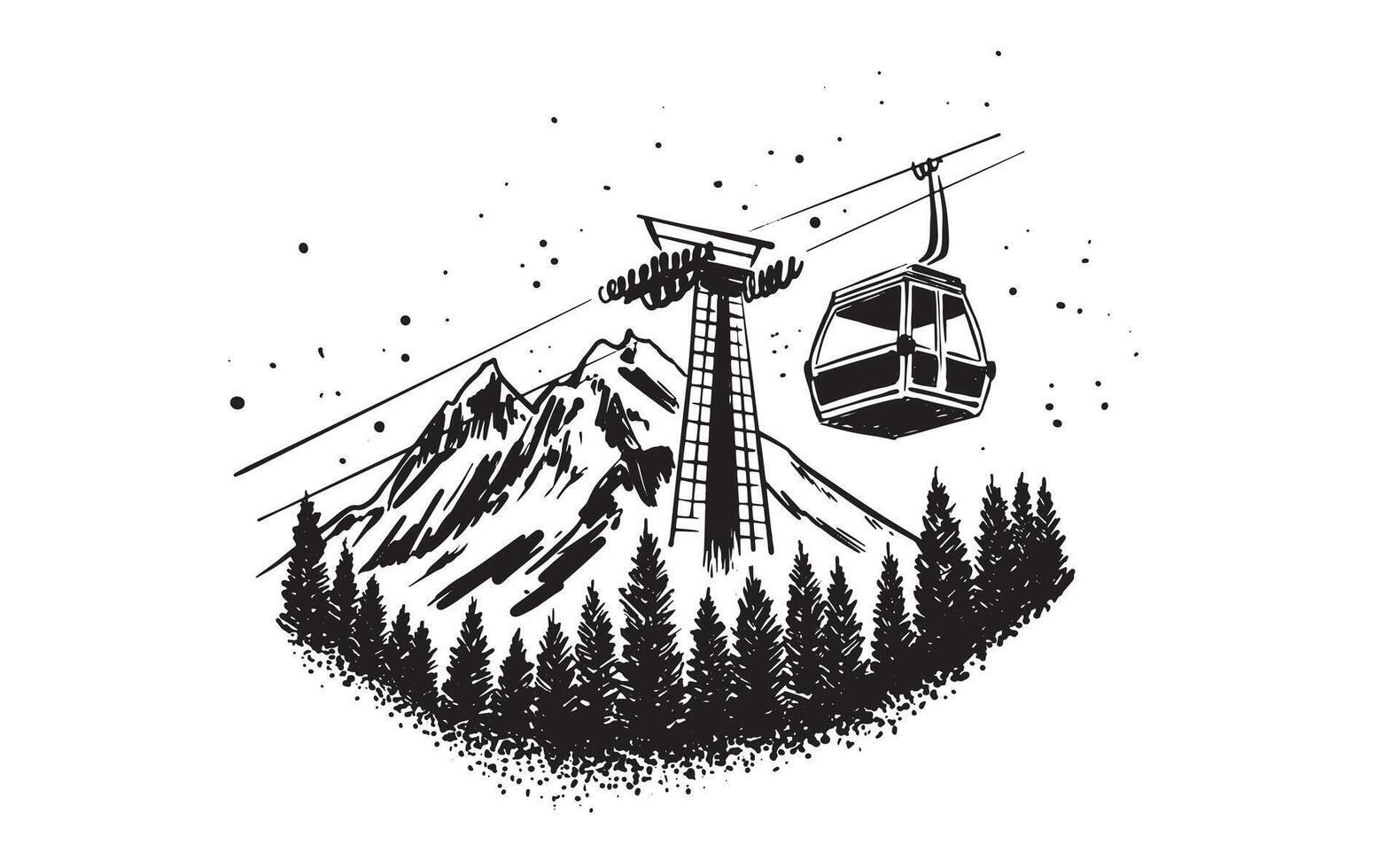 Ski lift in the mountains black on white, hand drawn vector