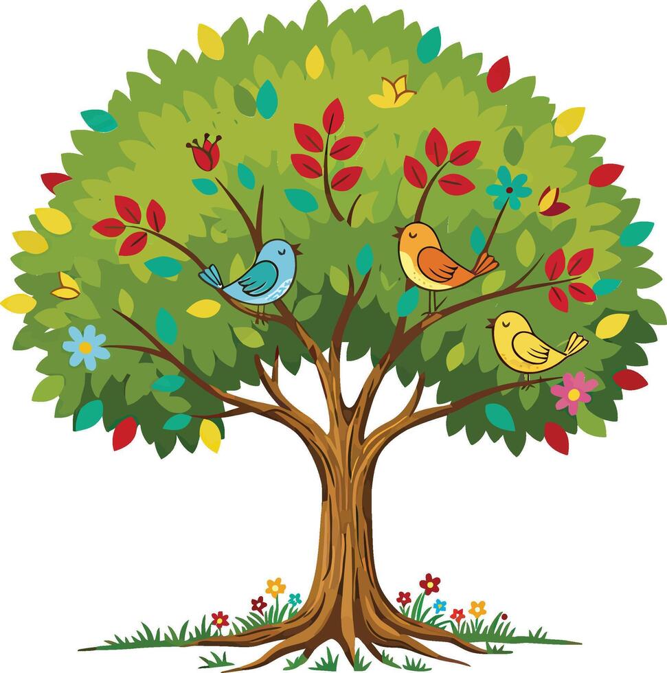 A tree with birds and flowers on it vector