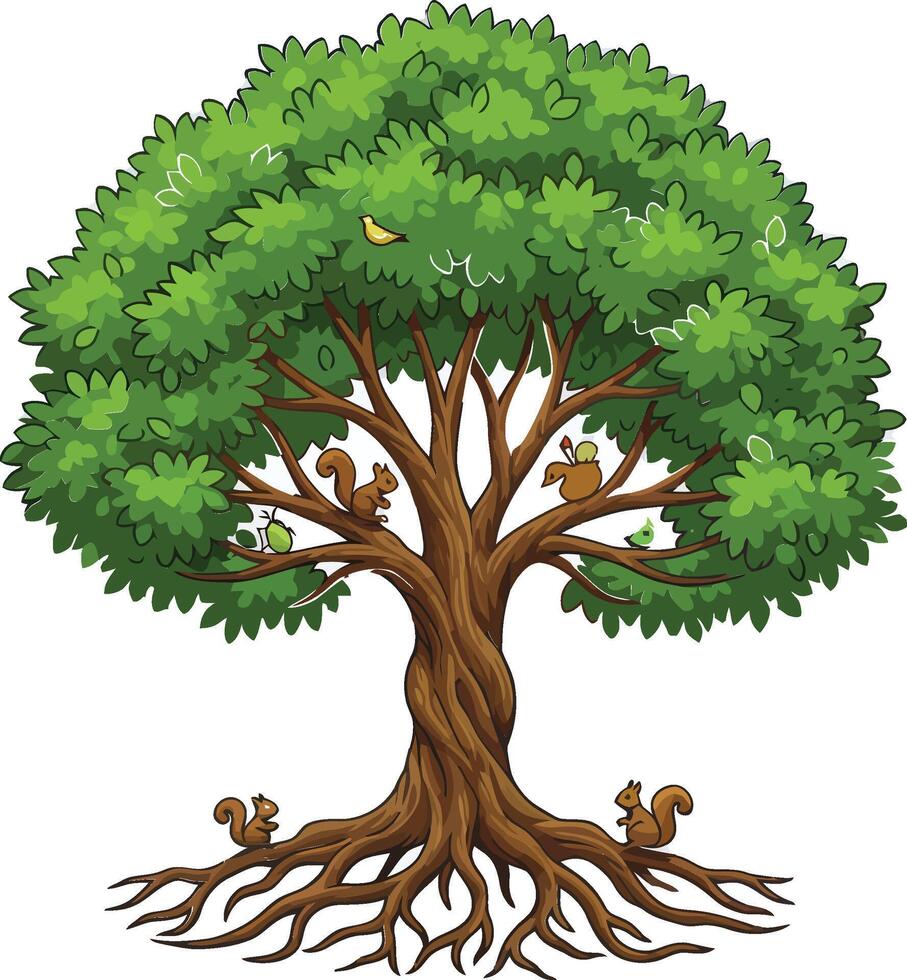 A cartoon tree with squirrels and roots vector