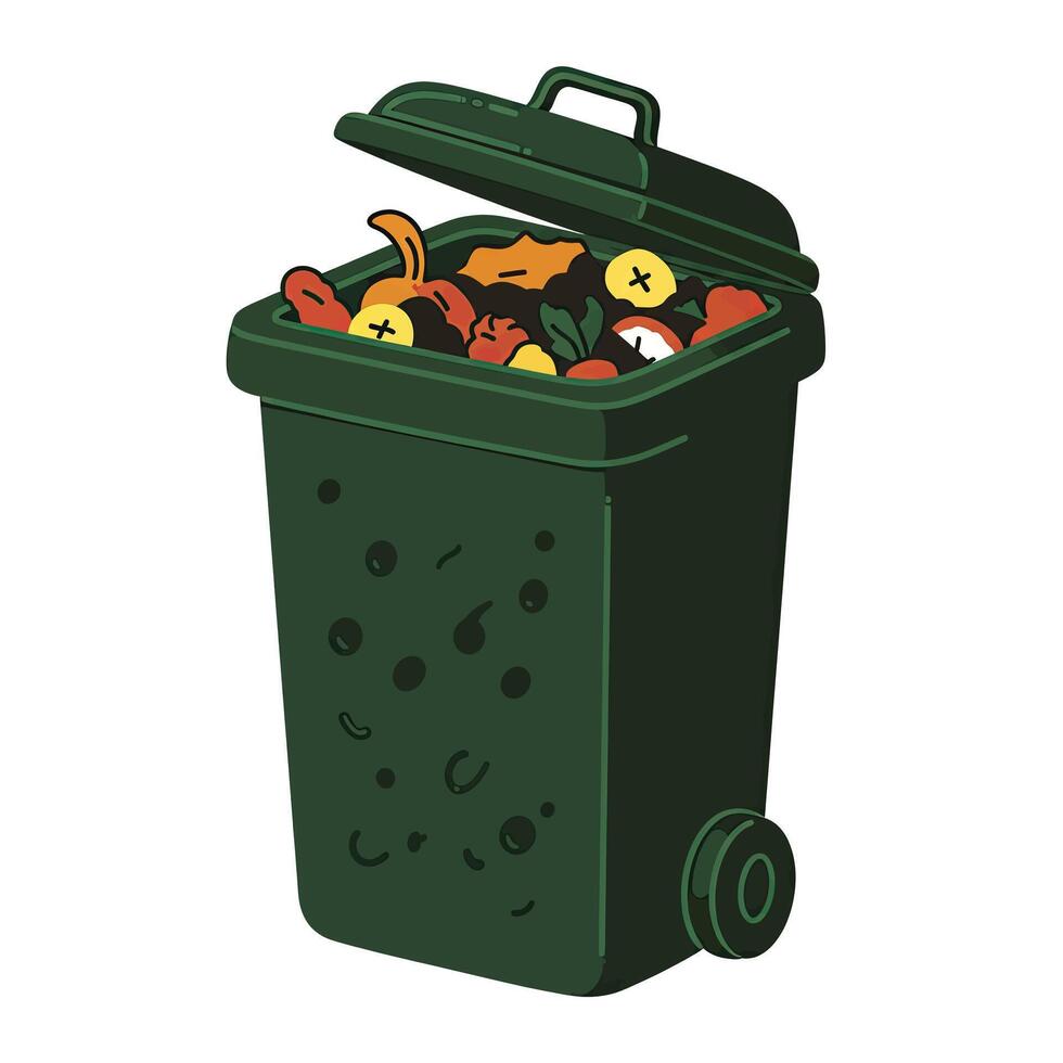 A green trash can full of food and garbage vector