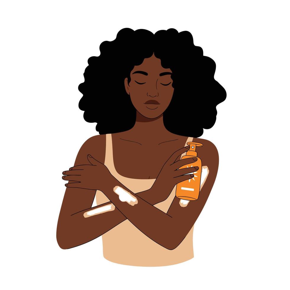 An illustration of a woman with a bottle of sunscreen vector