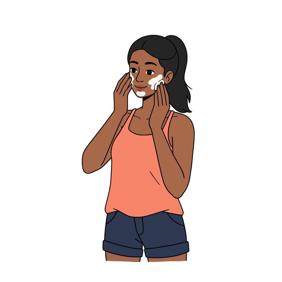 A woman is washing her face with a sponge vector