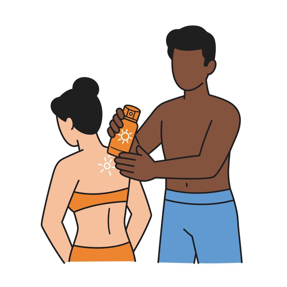 A man and woman are applying sunscreen to each other vector
