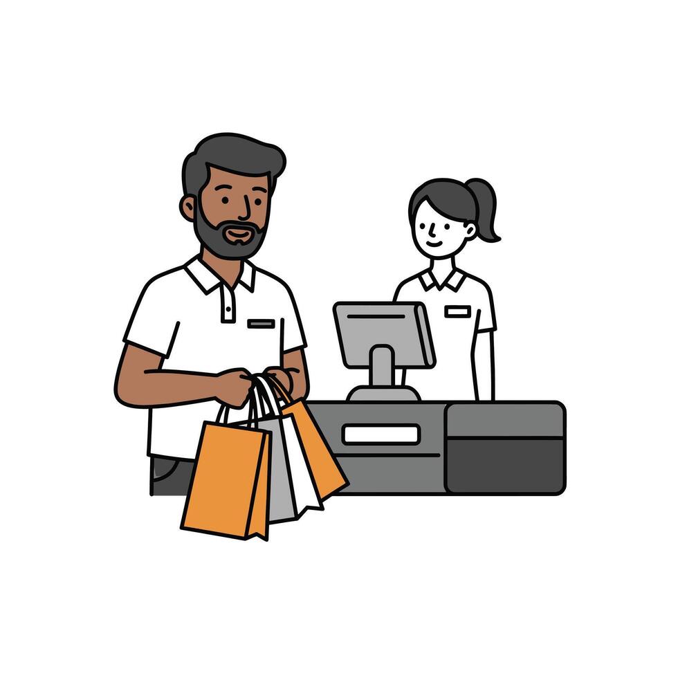 A man and woman are standing in front of a cash register vector