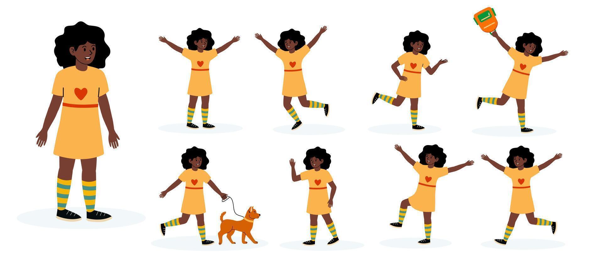 Cheerful girl in yellow dress enjoying playful activities with a dog and expressing joy vector