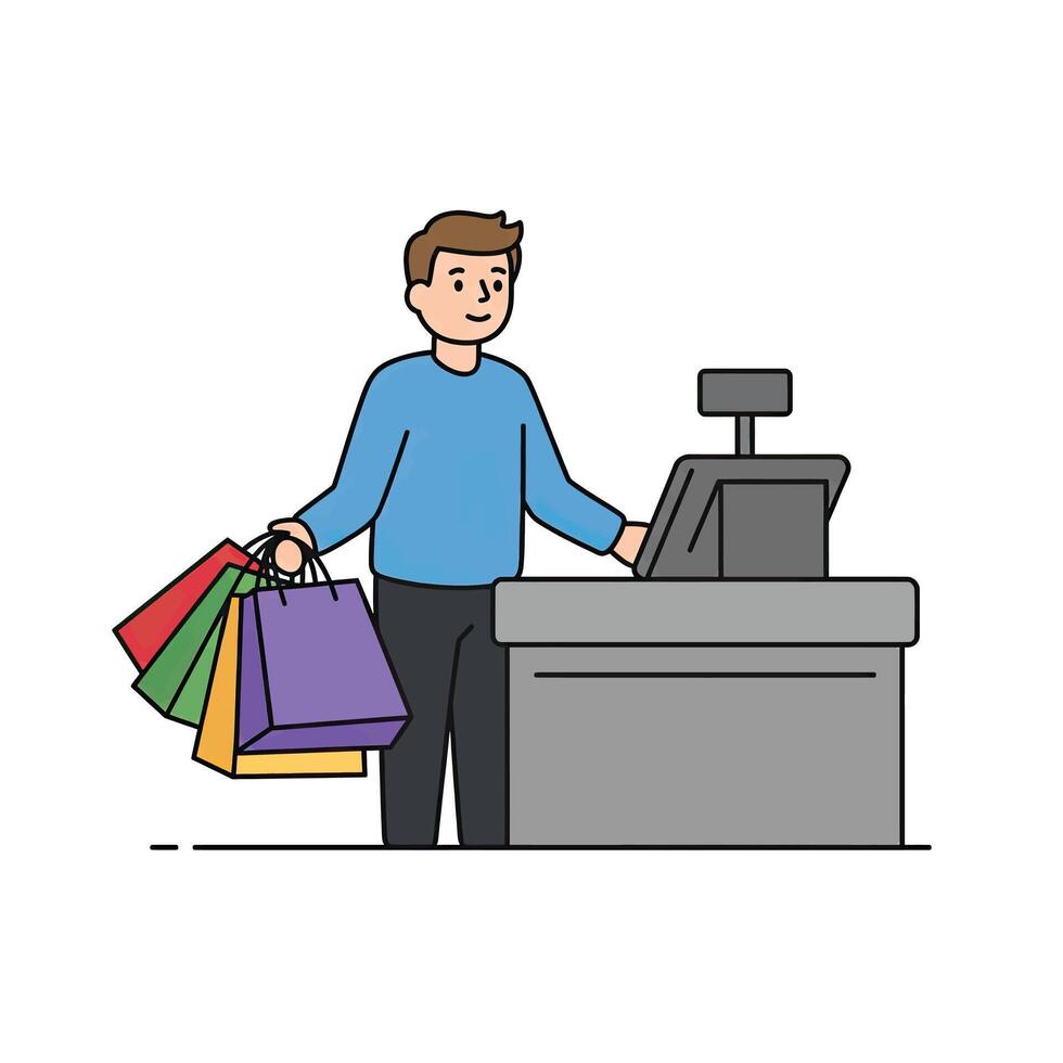 A man is standing in front of a cash register with shopping bags vector