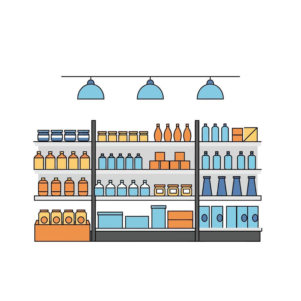 A supermarket shelf with shelves filled with various items vector