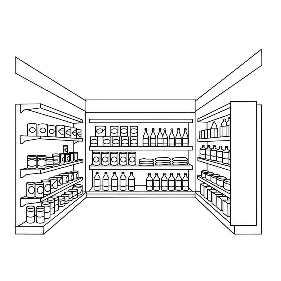A line drawing of a supermarket aisle with shelves vector