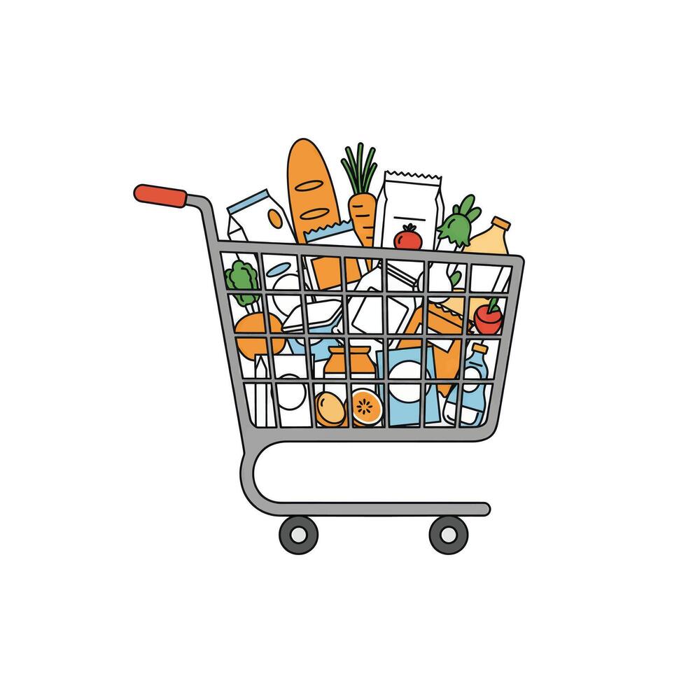 Shopping cart with groceries and food items vector