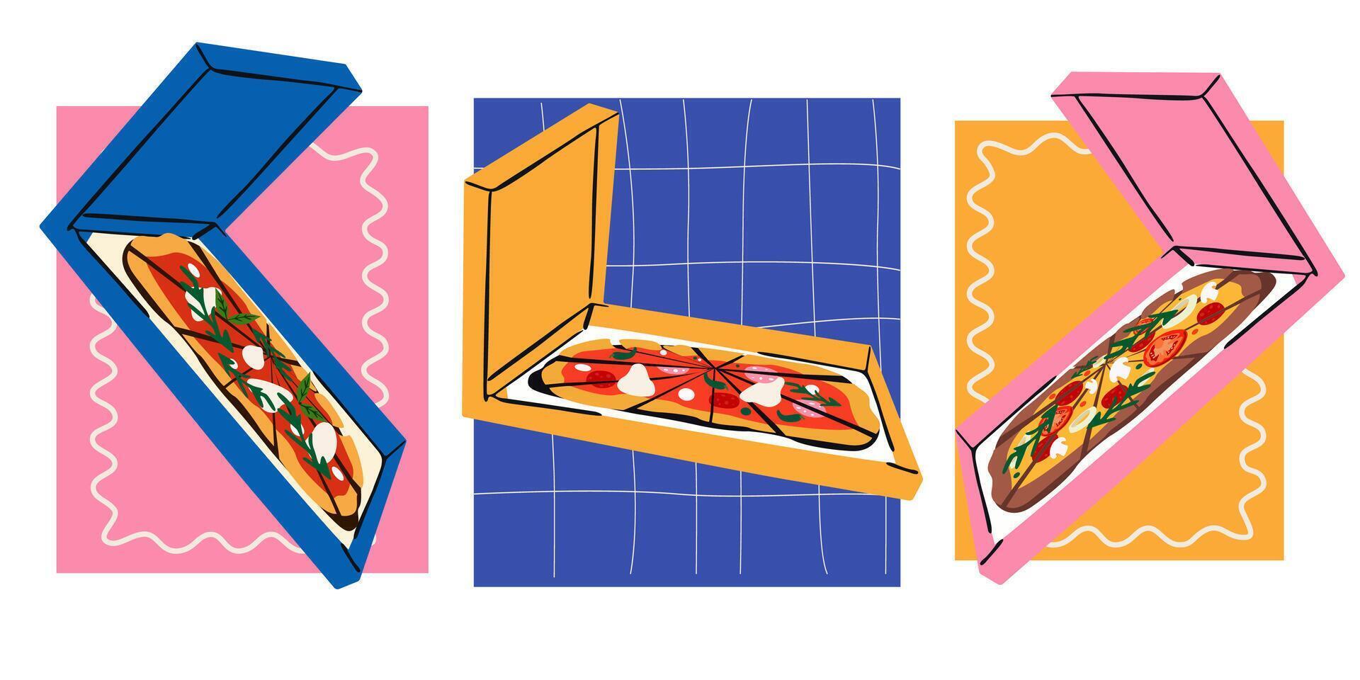 Slice of pizza and pizza box. Pizza delivery banner. Cartoon retro poster set for print vector