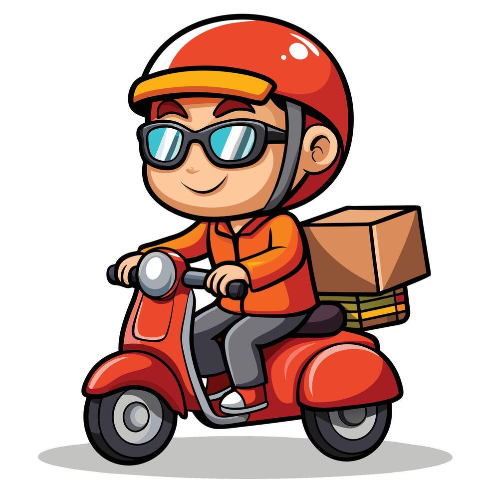 cartoon delivery boy, riding a scooter with boxes vector