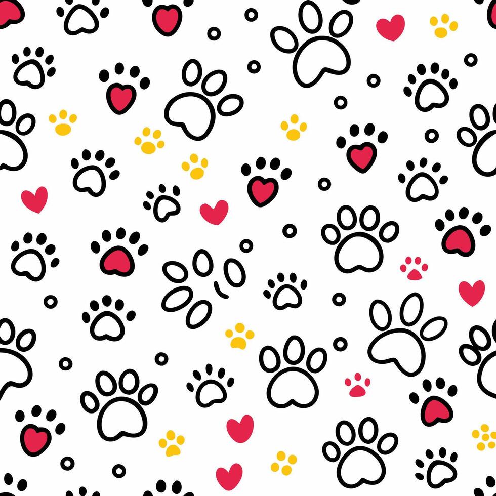 seamless pattern with paw, prints hearts white background vector