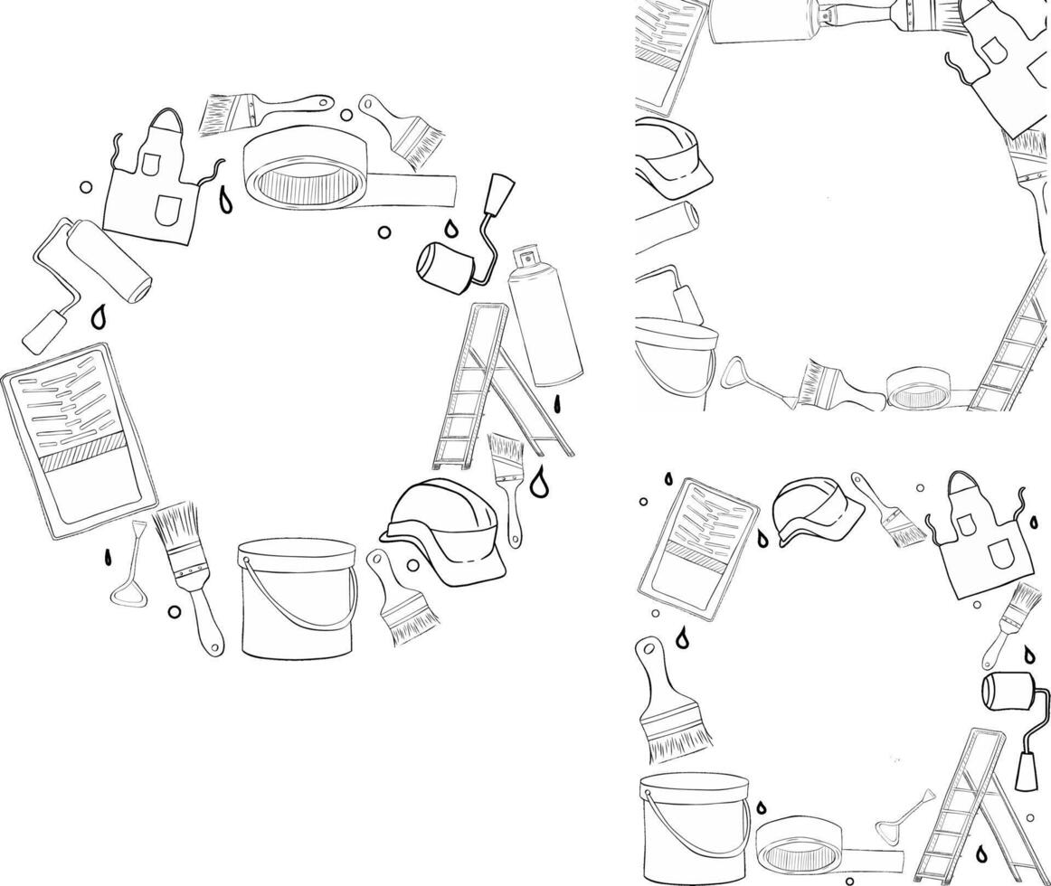 Painter tools circle round square frame set. Graphic line ink Set of painting tools, brush, roller. Decorator job, interior renovation service. illustration vector