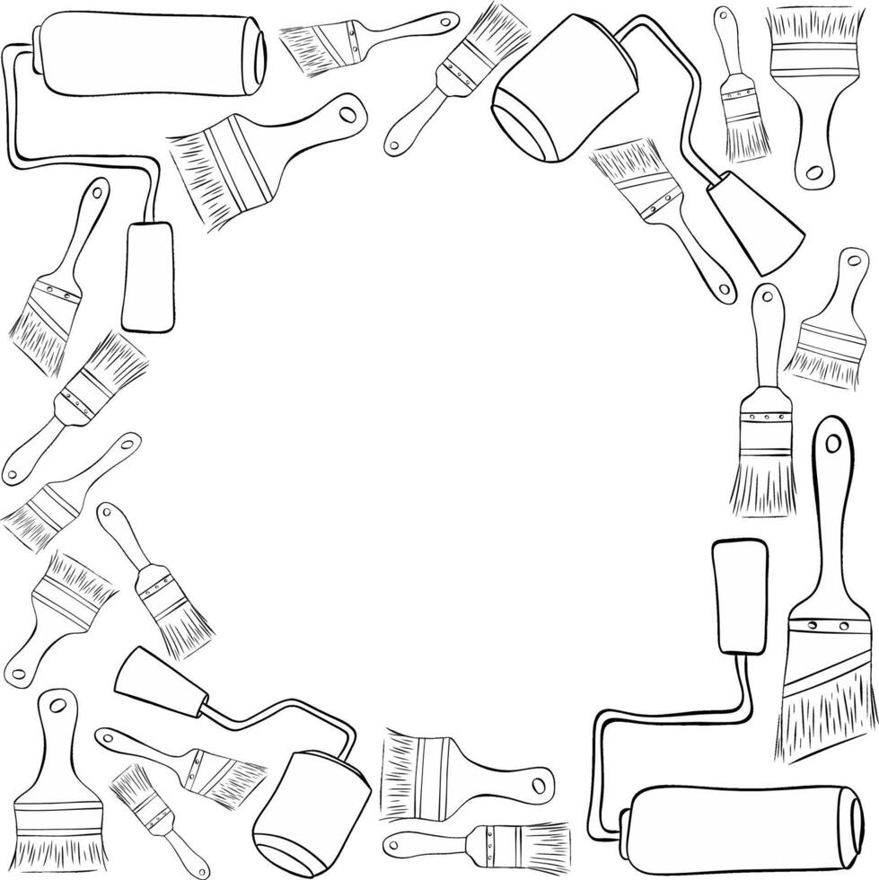 Paint roller and brush circle round frame in square for text. graphic line ink illustration vector