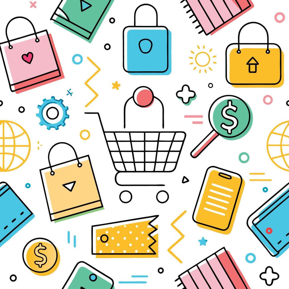 shopping seamless pattern shopping cart, shopping bags, and other items vector