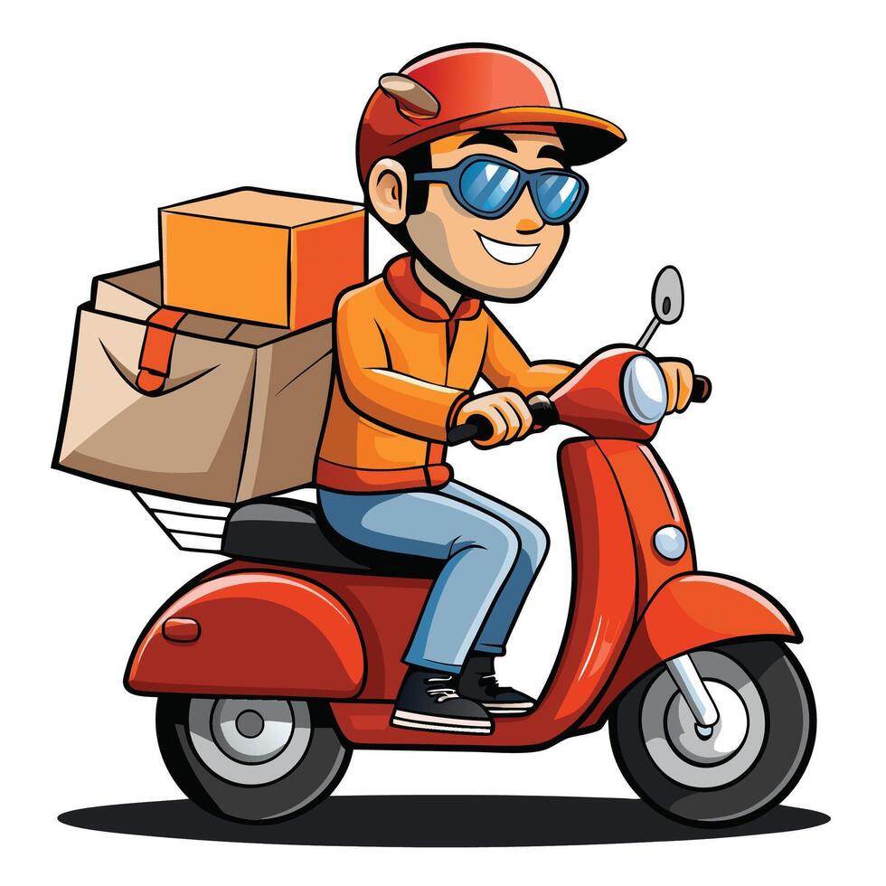 a cartoon delivery man, riding scooter with boxes vector