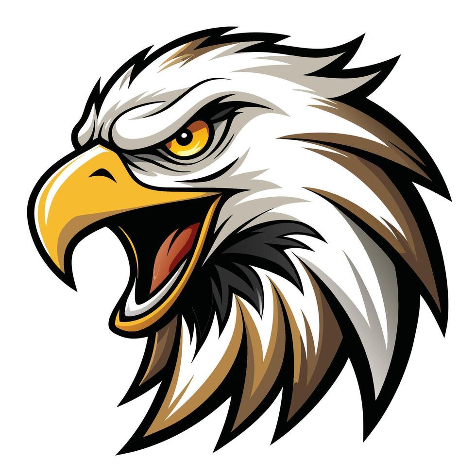 an eagle head with open mouth yellow eyes vector