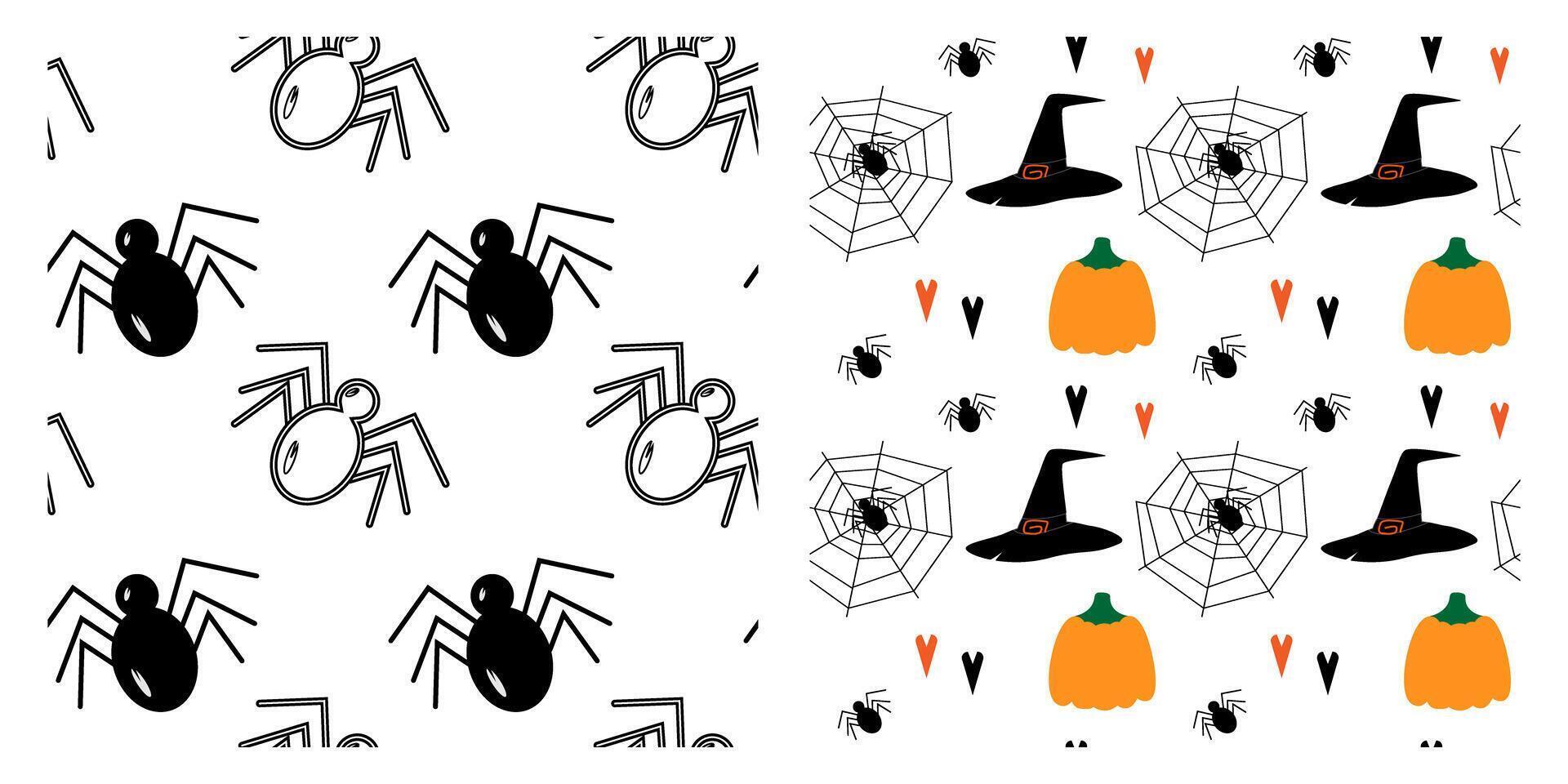 Silhouette and Outline Spiders and Witch Hats, pumpkins, cobweb and hearts Seamless patterns Set 2. Isolated illustration Thematic cards, Wrapping, wallpaper or web promo banner, leaflets, tags vector