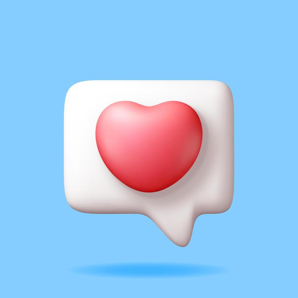 3D like icon with heart isolated. Social media notification button. Love like symbol in white square speech bubble. Render chat balloon pin. Social network media app. vector