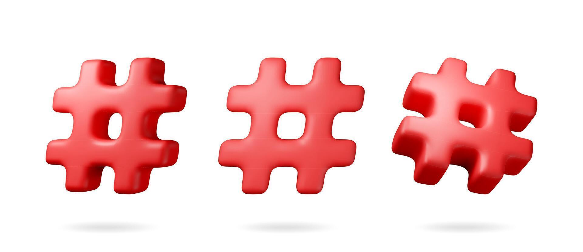 3d red realistic hashtag symbol isolated on white. Render hash tag icon for social media. Chat message, communication, ad, search and online community. vector