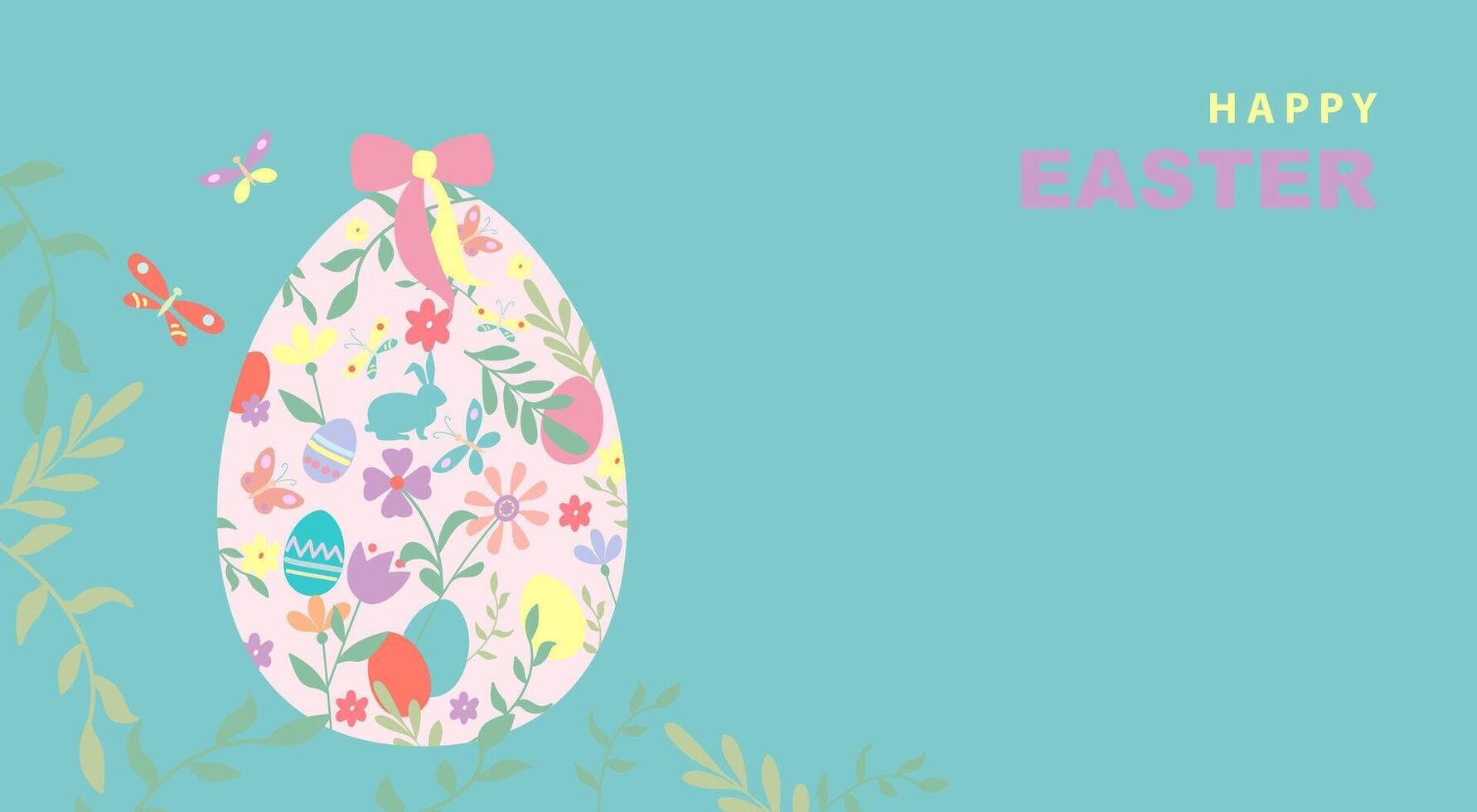 Banner of Easter Egg, hand drawn decoupage flat design Happy Easter flowers and butterflies, pastel colors style. illustration on turquoise modern background with copy space vector