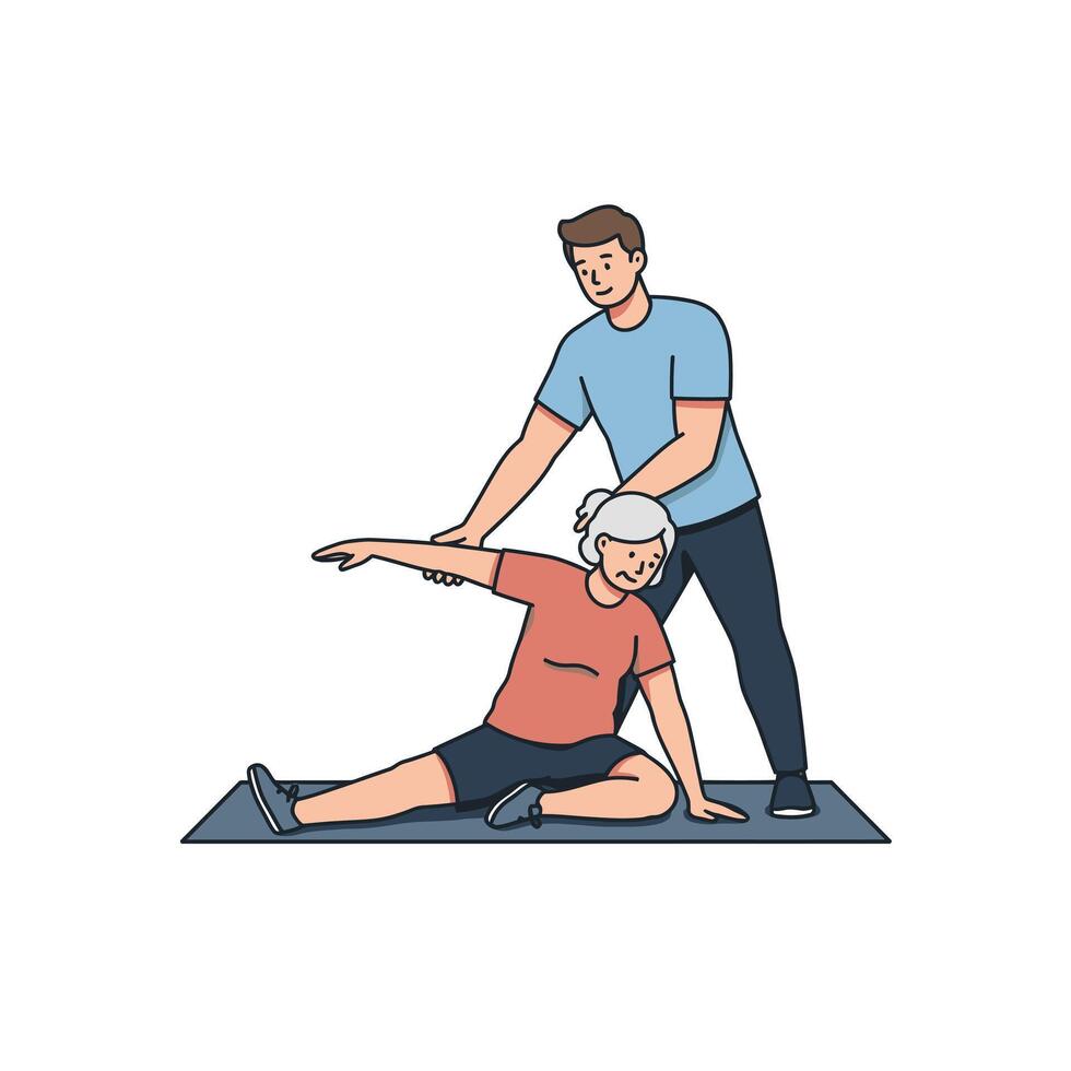 An elderly woman is doing a stretch with a man vector