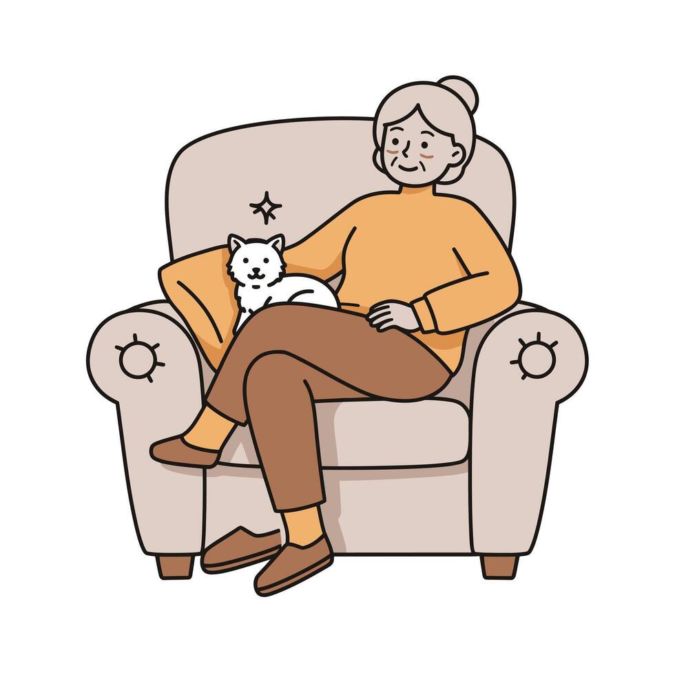 An elderly woman sitting in a chair with a cat vector