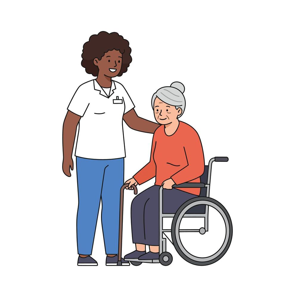An elderly woman in a wheelchair is being helped by a nurse vector